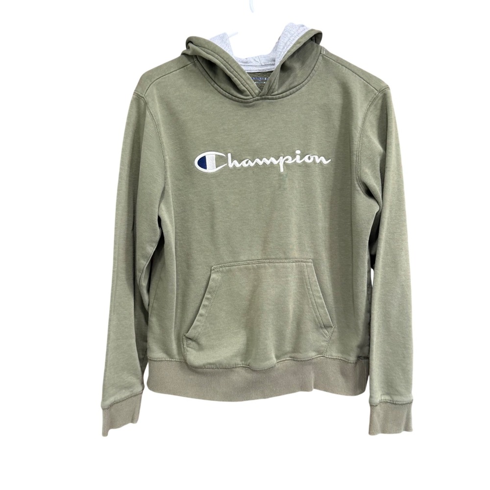 Champion Hoodie Kids Pullover Sweatshirt‎ Olive Green Gray Lined XL Extra Large